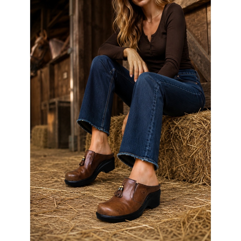 Ariat Leather Clogs Size 9.5 Brown Tassel Slip On Mules Western Platform #1322
